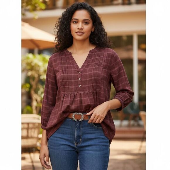 Wrangler Tops - Wrangler Ladies Plaid Babydoll Top 3/4 Sleeves XL